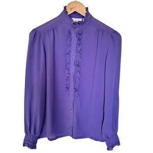 Alicia Button Down Shirt Purple Semi Sheer Ruffle Size 8 Business Casual Vintage